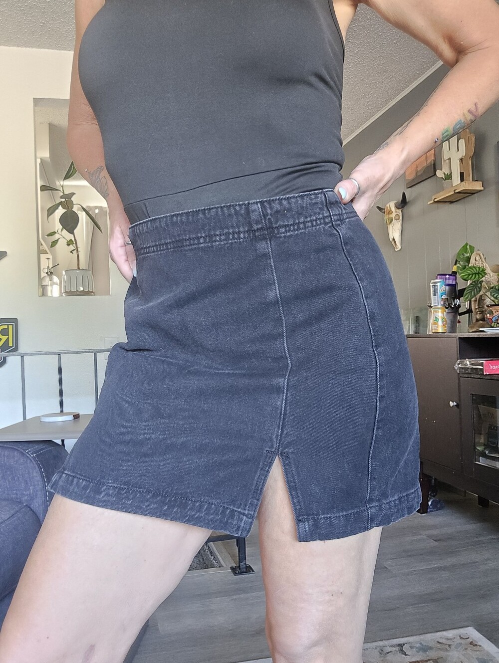 Indigo Rising. Black Denim Mini Skort with Front Slit